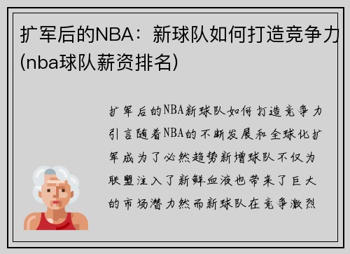 扩军后的NBA：新球队如何打造竞争力(nba球队薪资排名)